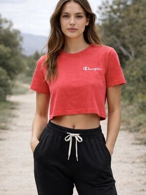CHAMPION Coral Pink Cropped Tee Small | Logo Graphic Crop Top Casual Athleisure